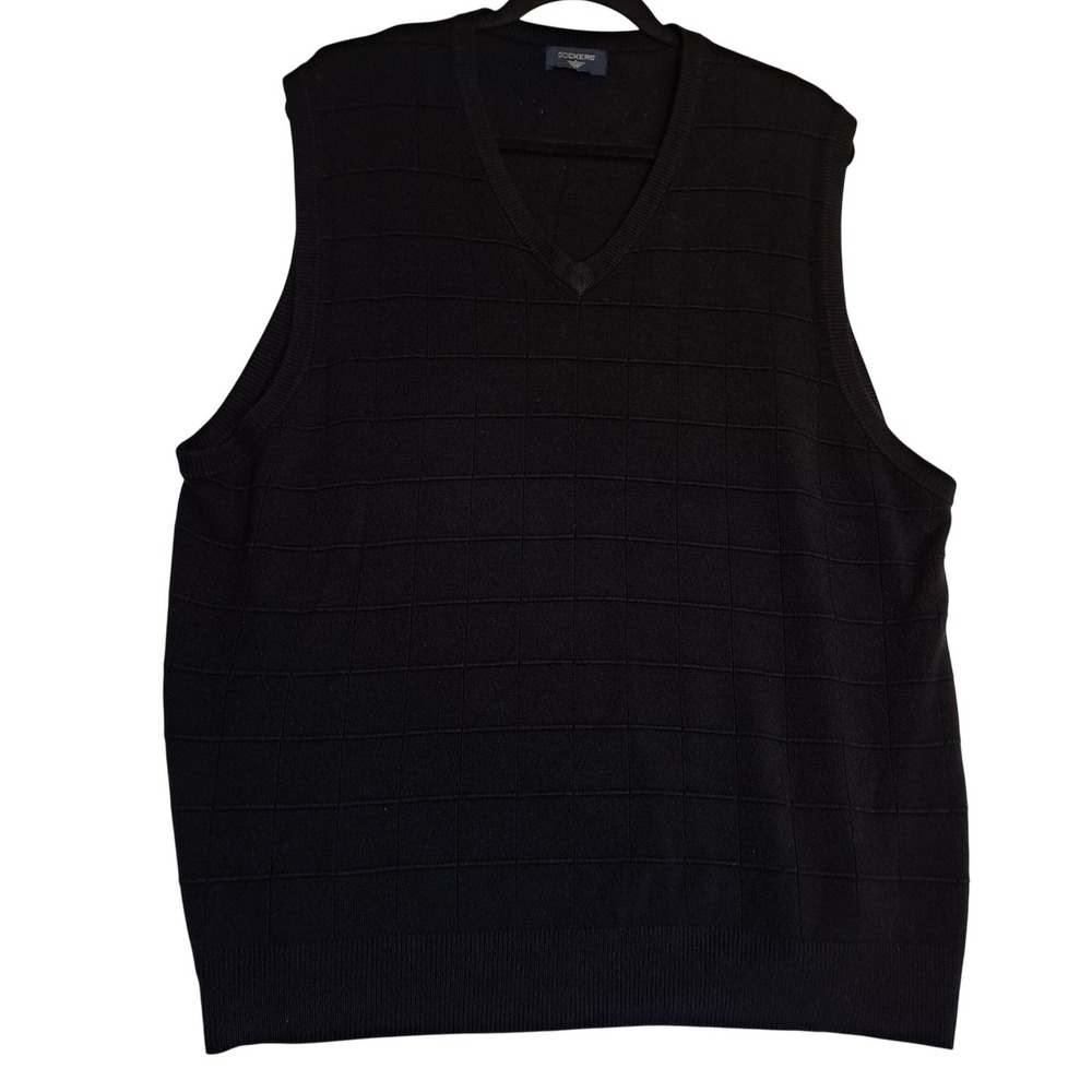 Dockers Sweater Vest Men's XXL V-Neck Black Textured Grid Knit Sleeveless